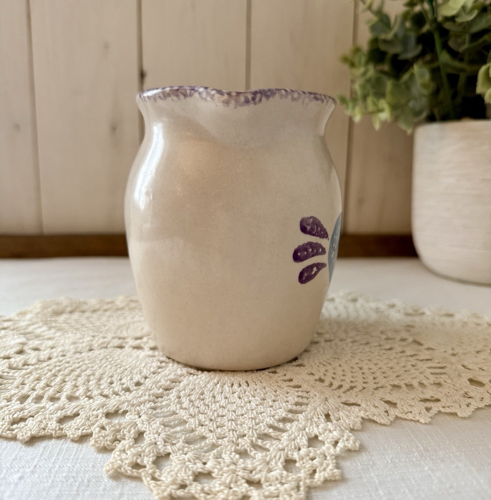 Vintage Blue Heart Spongeware Stoneware Creamer – Country Cottage Pitcher