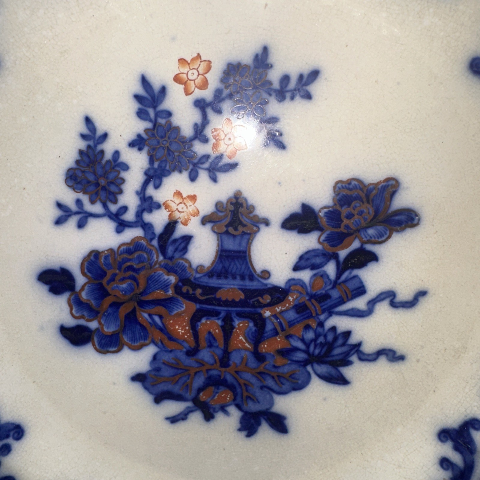 Antique c1910 Porcelain POLYCHROME FLOW BLUE 10 1/4” Plate Marked TRIPOD