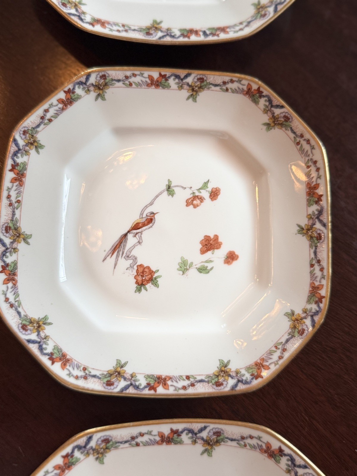 Antique Bernardaud Limoges BIRD of PARADISE Octagonal dessert Gold Gilt FR 6 pcs