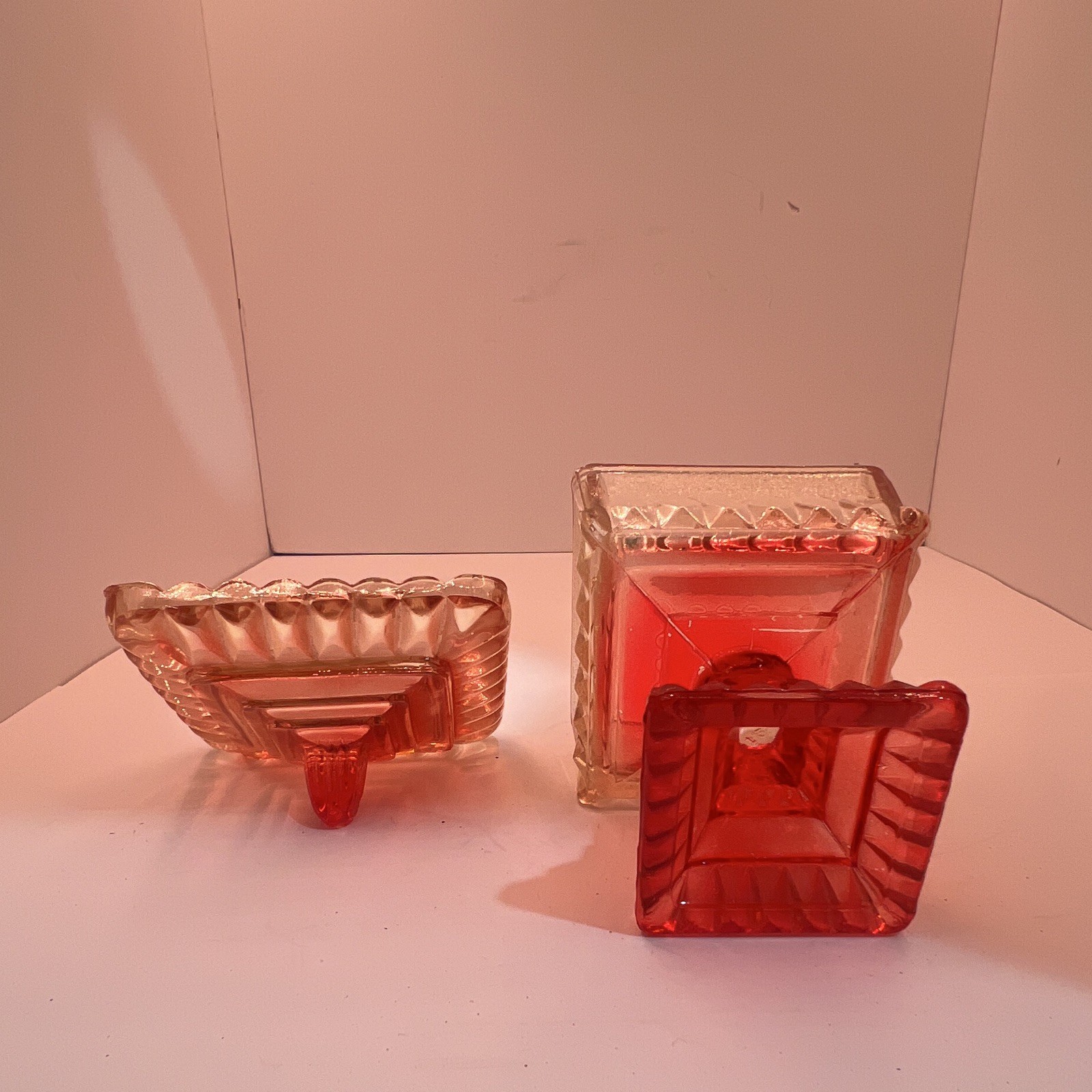 Red & Clear Glass Square Pedestal Covered Dish w/ Lid 7.75in H x 5.75in W