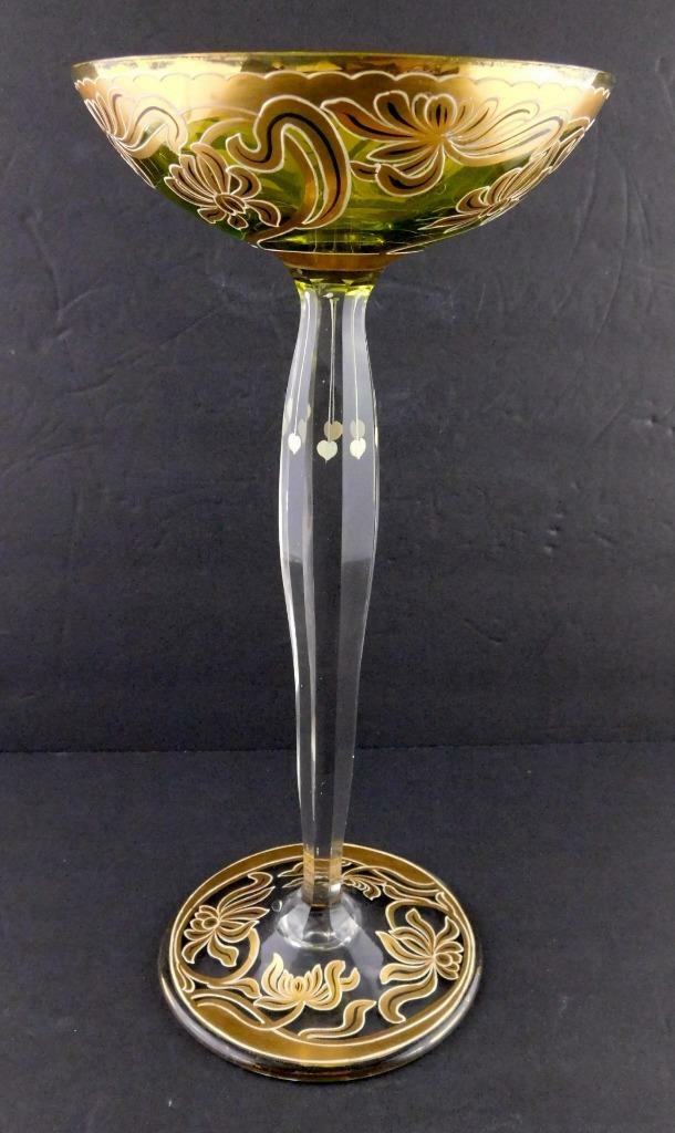 Art Glass Tall Stem Compote Dish Nouveau Floral Gold Green Clear X Mark