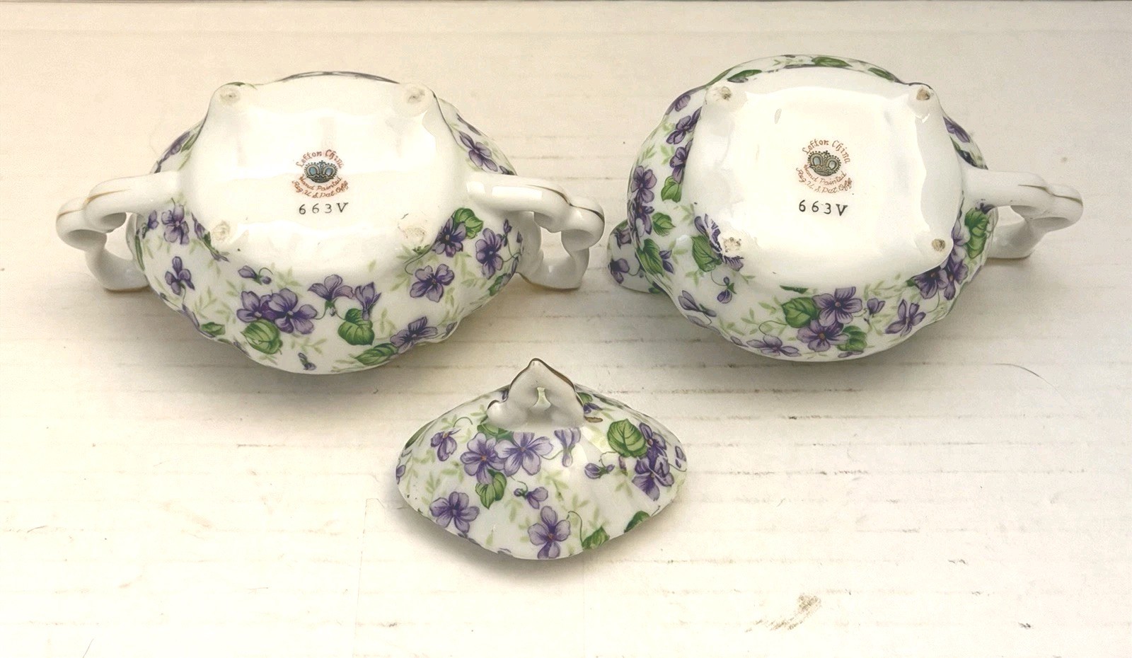 VTG Legion China Creamer And Lidded Sugar Bowl With Purple Floral Design