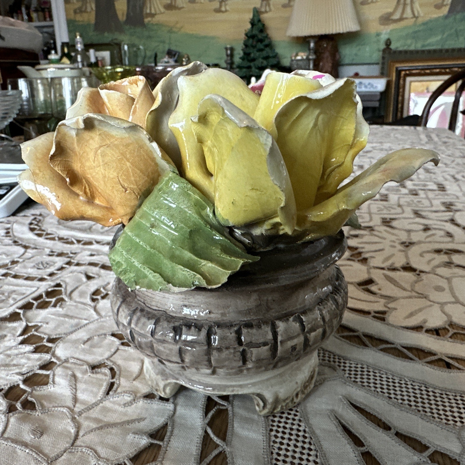 Vintage 1950’s Italian Capodimonte 3 Rose Floral Bouquet Footed Centerpiece