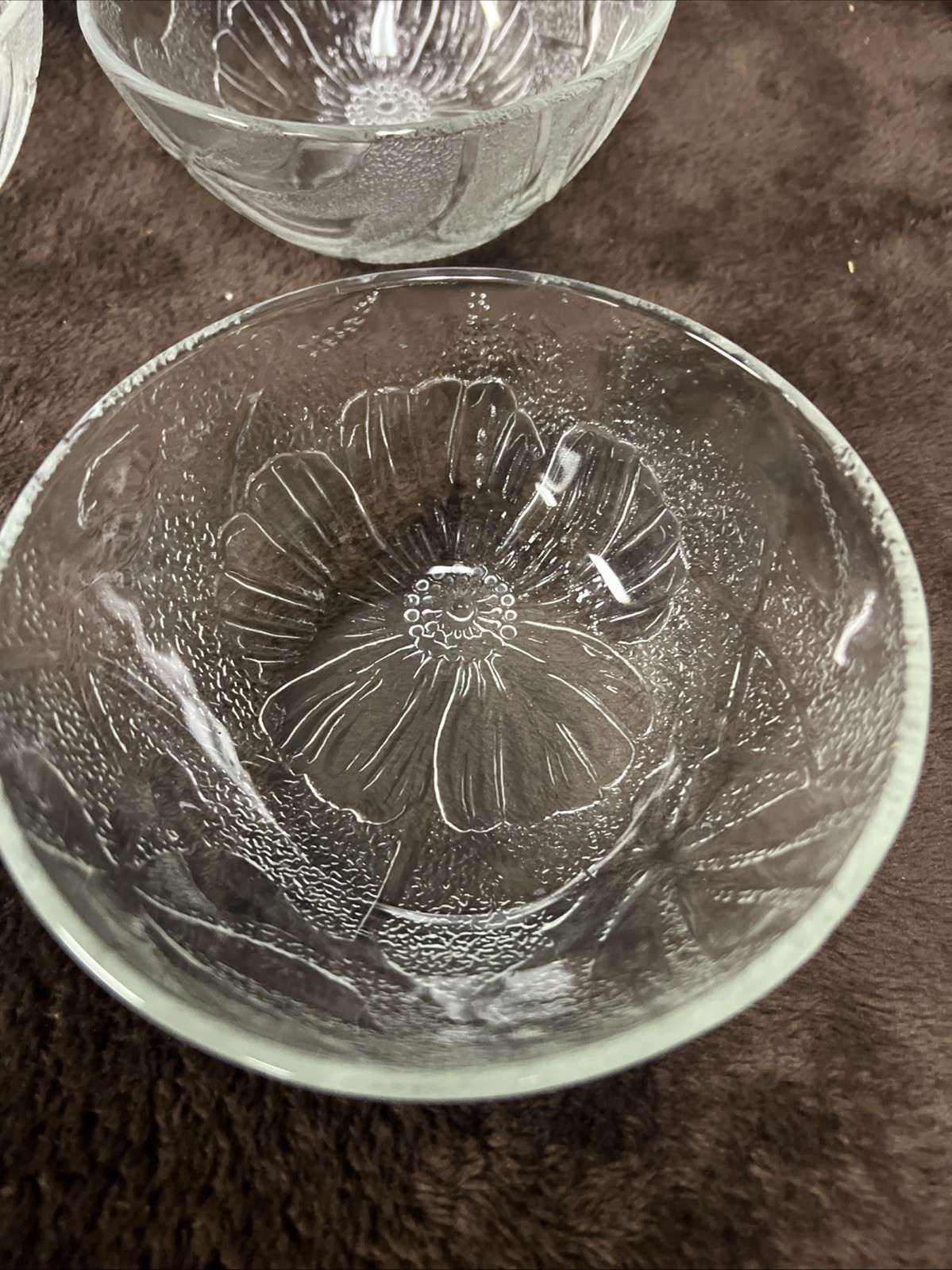 KIG Indonesia Glass Hibiscus Flower Etched / Frosted Dessert Bowl Set Of 4