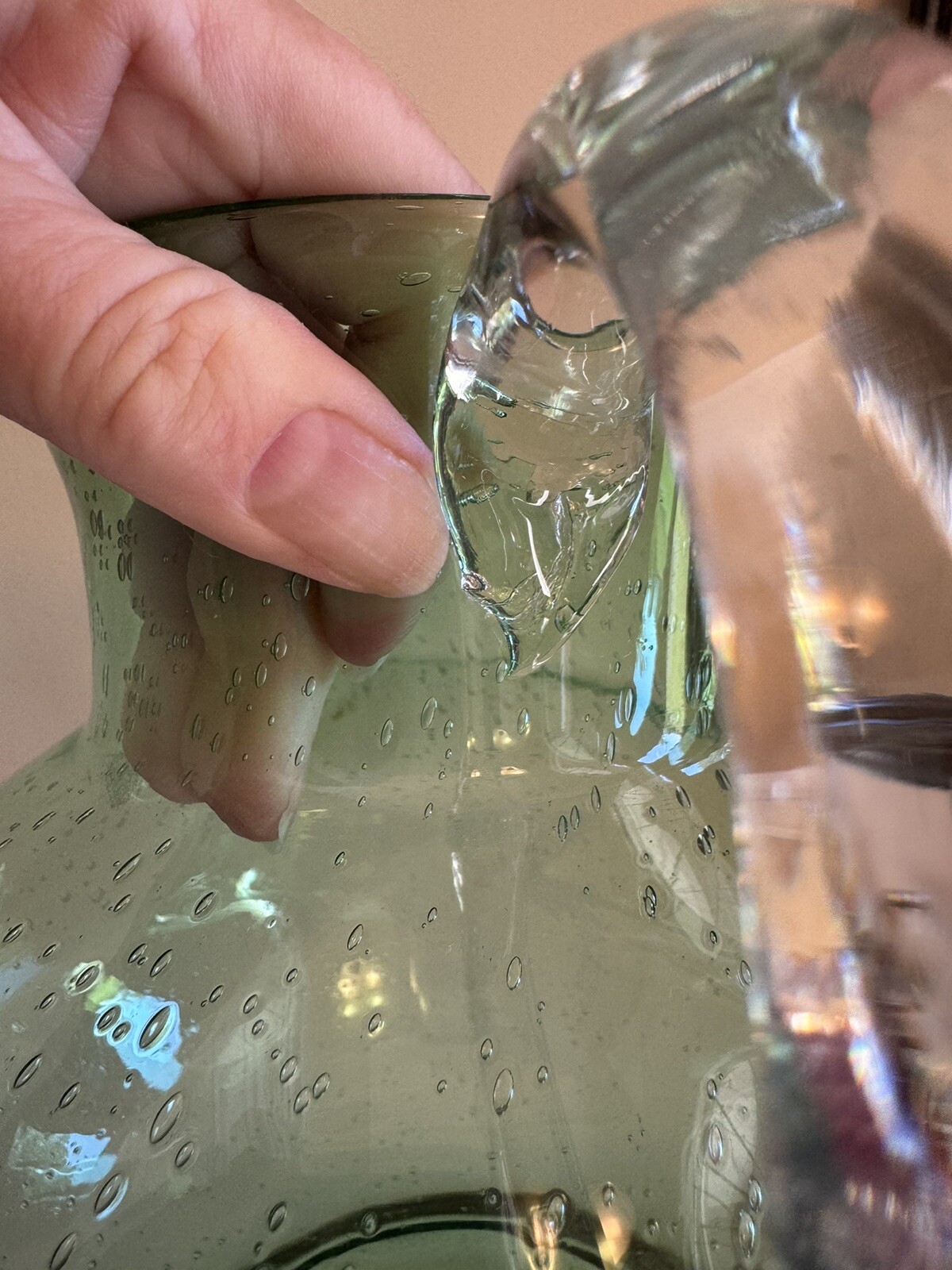 END 7/23 Large Hand Blown Green Bubble Glass Pitcher Heavy Applied Handle Seeded