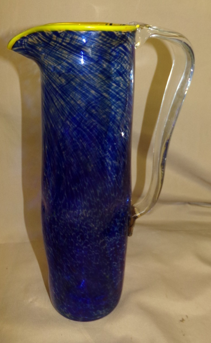 Cobalt Blue Yellow Rim Art Glass Pitcher 13″