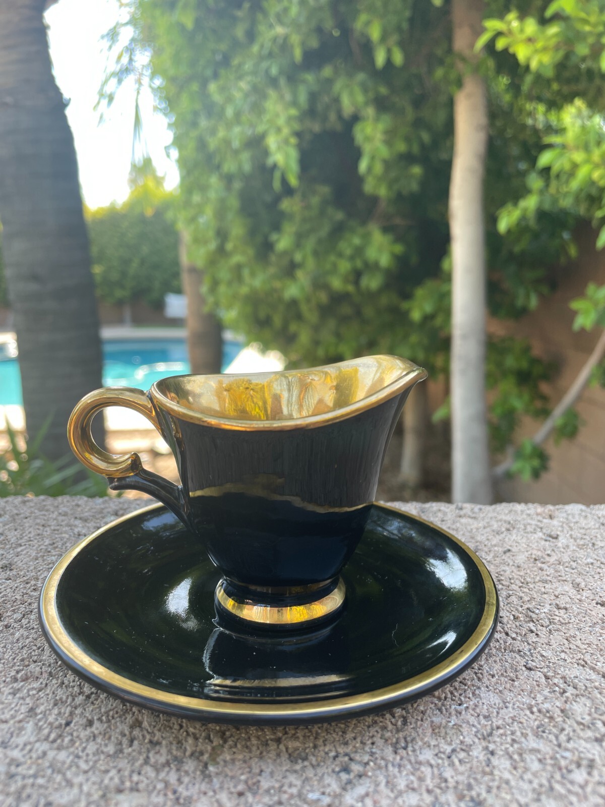 Vintage MCM Norsk Flint Egersund Black Gold Footed Creamer and Saucer Norway