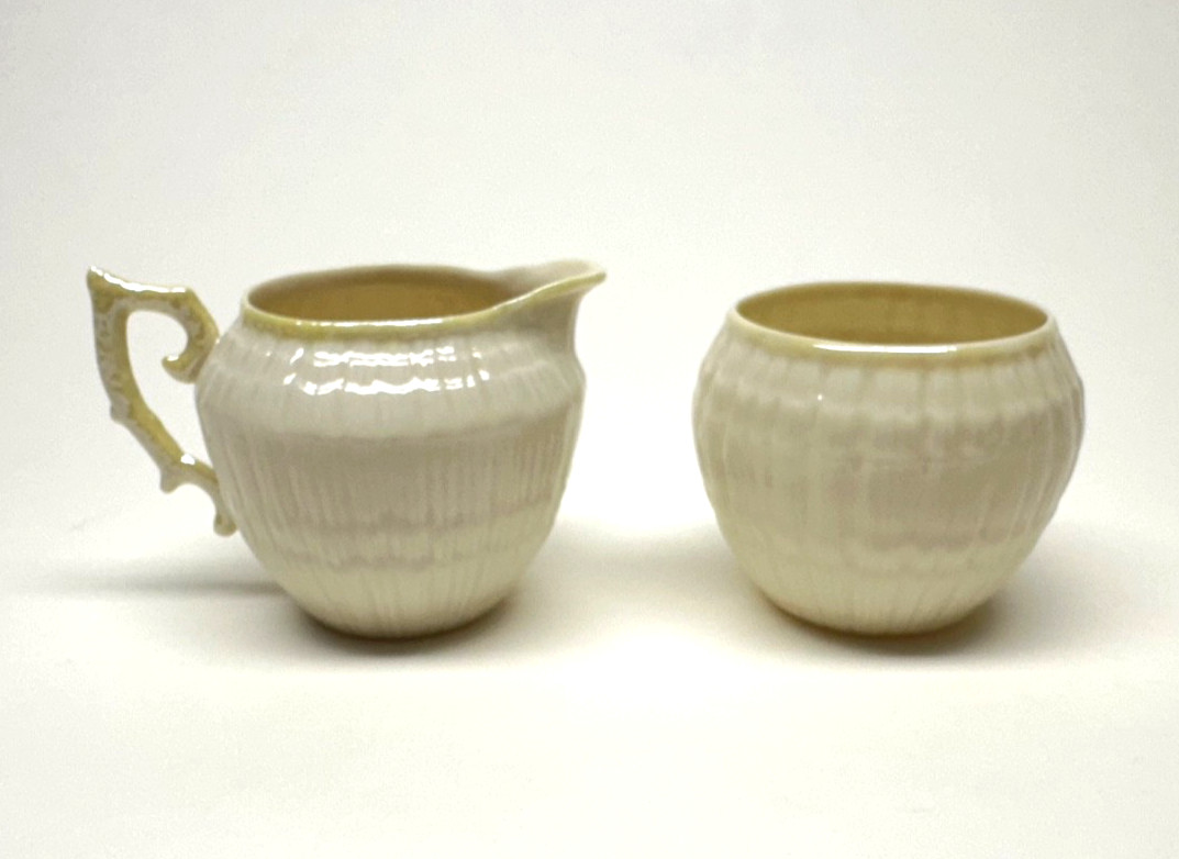 STUNNING VINTAGE BELLEEK LIMPET CREAMER & OPEN SUGAR BOWL – GREEN MARK New other