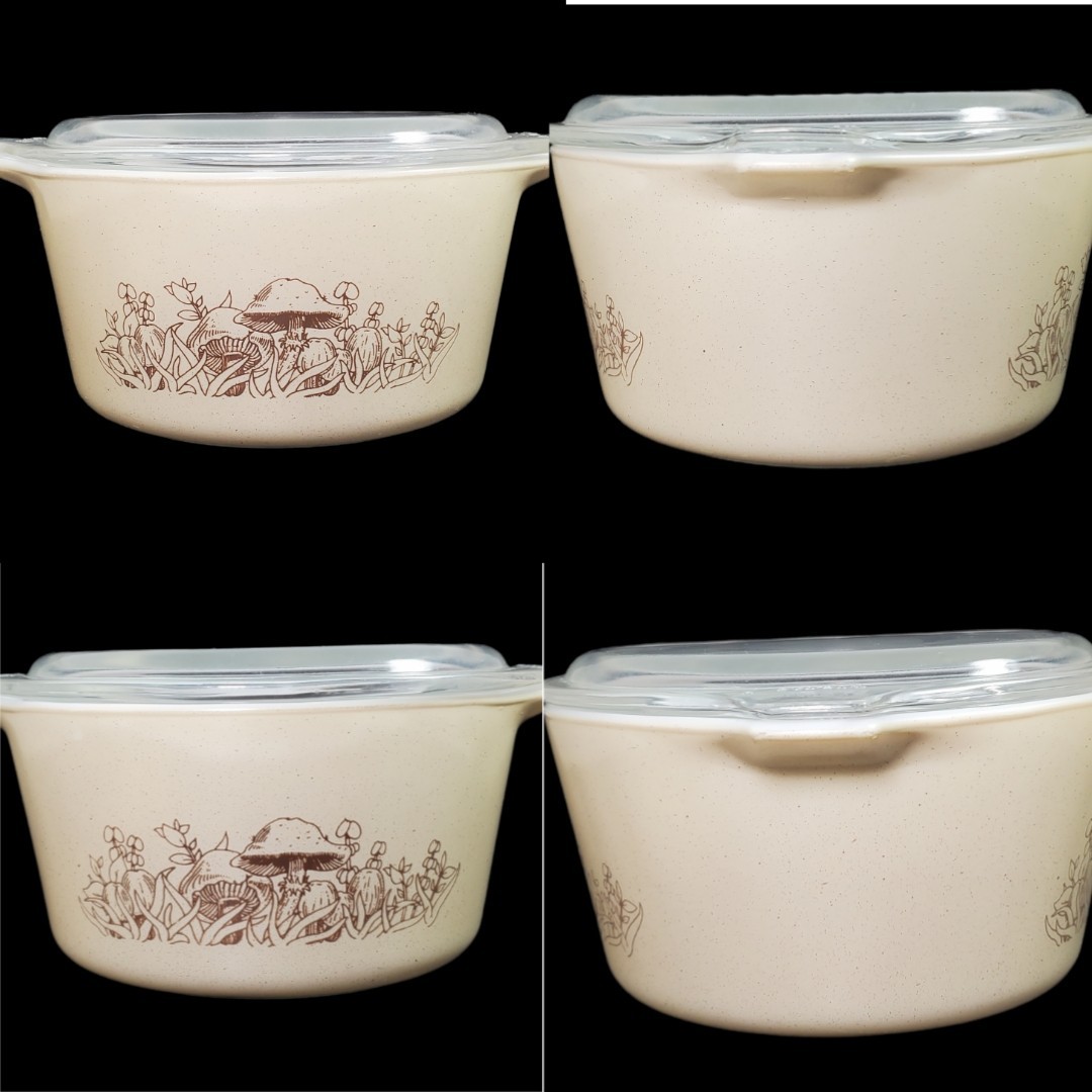 VTG Pyrex Forest Fancies Mushroom Casserole Dishes 473 & 474 w Lids Corning Mark