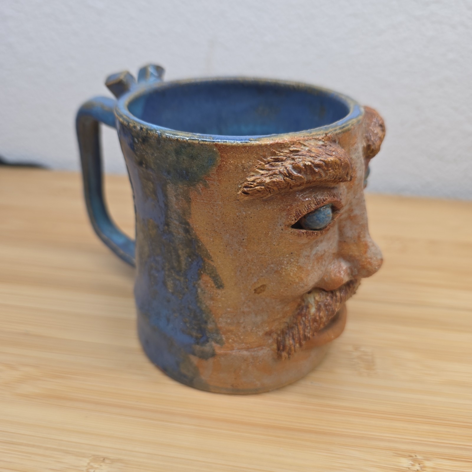 Hand Made Studio Art Pottery Unique Folk Art Man W/Mustache Face Mug Ugly