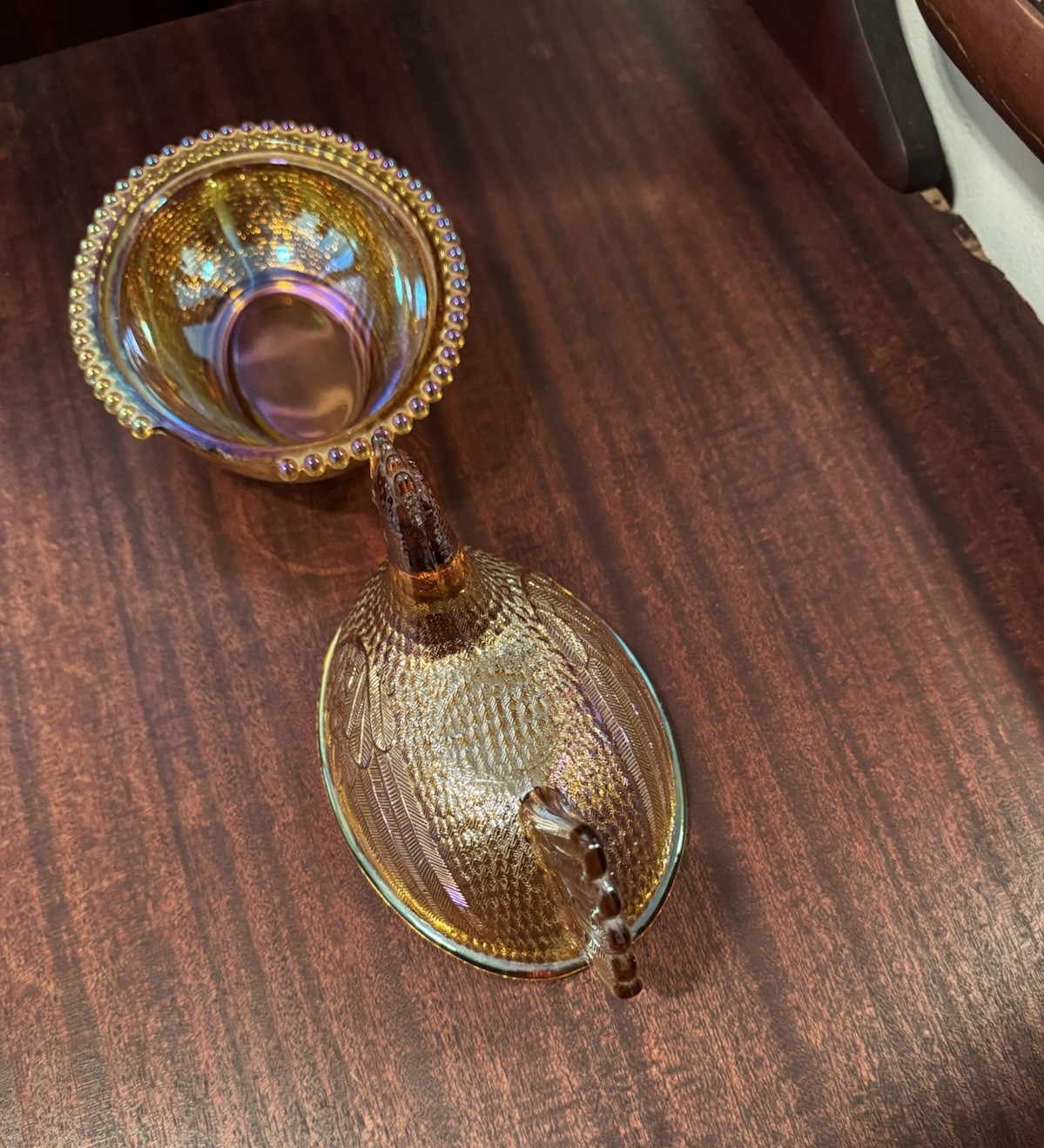 Vintage Indiana Glass Hen on Nest Iridescent Golden Amber Carnival Glass 7” READ