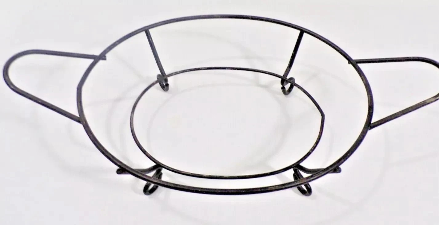 Vintage GLASBAKE J-239 WHITE Divided Oval CASSEROLE DISH & METAL SERVING STAND