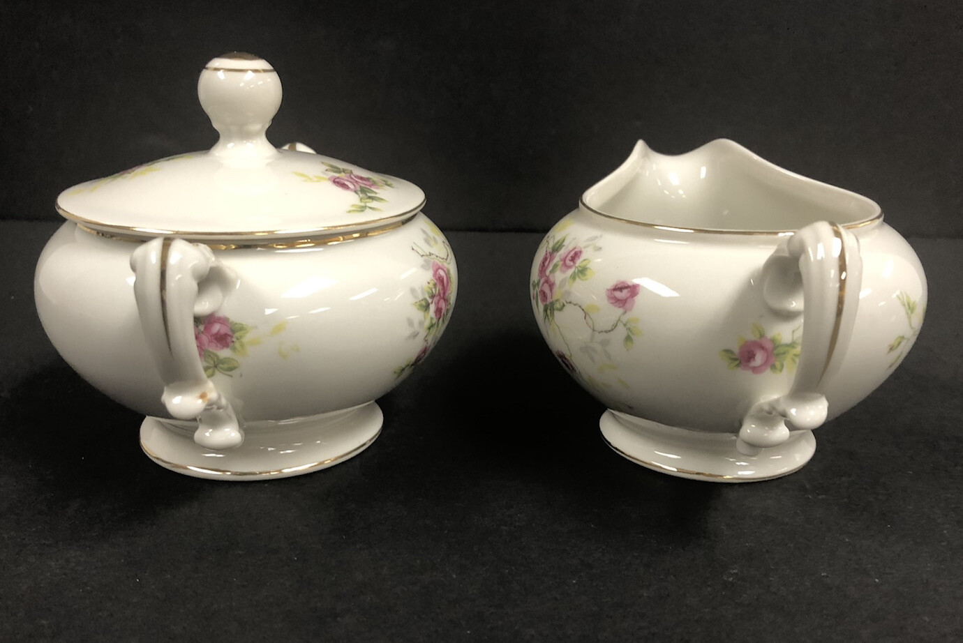 Pink White Rose CREAMER & SUGAR BOWL China SET Made in Occupied JAPAN 40’s Gold