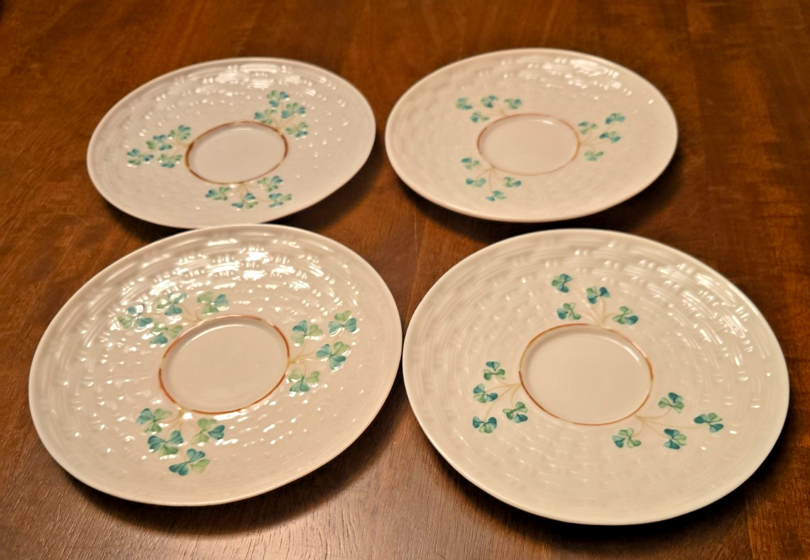 Belleek Basketweave Shamrock Saucers set of 4