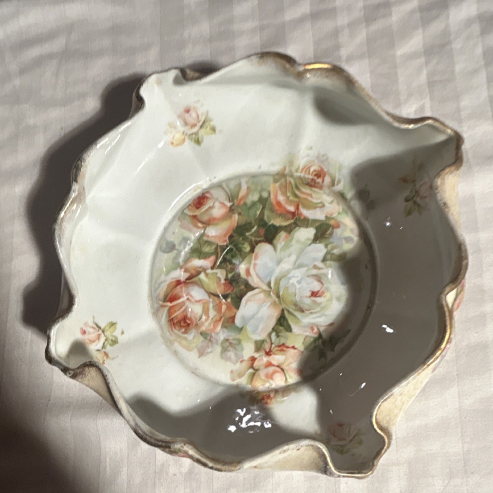 Silesia Porcelain Decorative Floral Round Glossy White Pink Green Bowl