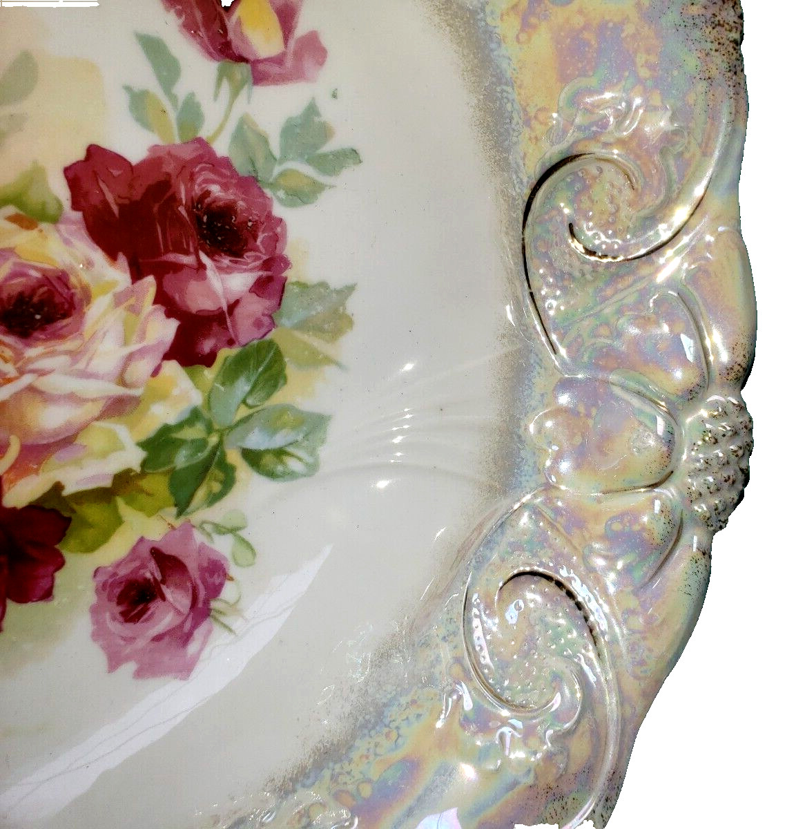 ATQ P S Germany Embossed Porcelain Bowl MOP Luster Rim With Rose Decor 10 1/4″
