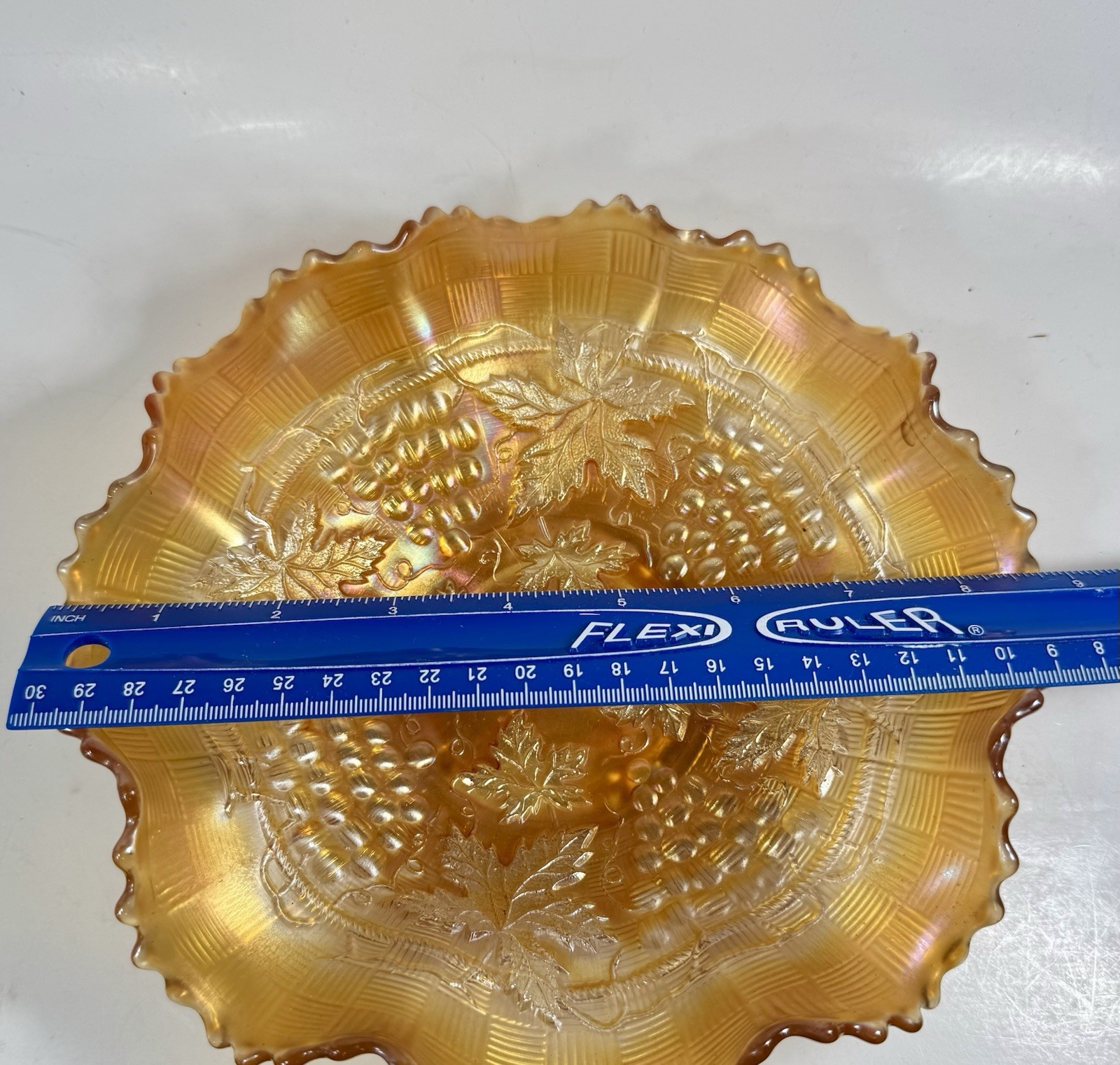 Northwood Bowl Carnival Glass Marigold Grape & Cable Ruffled Vintage 8.5”