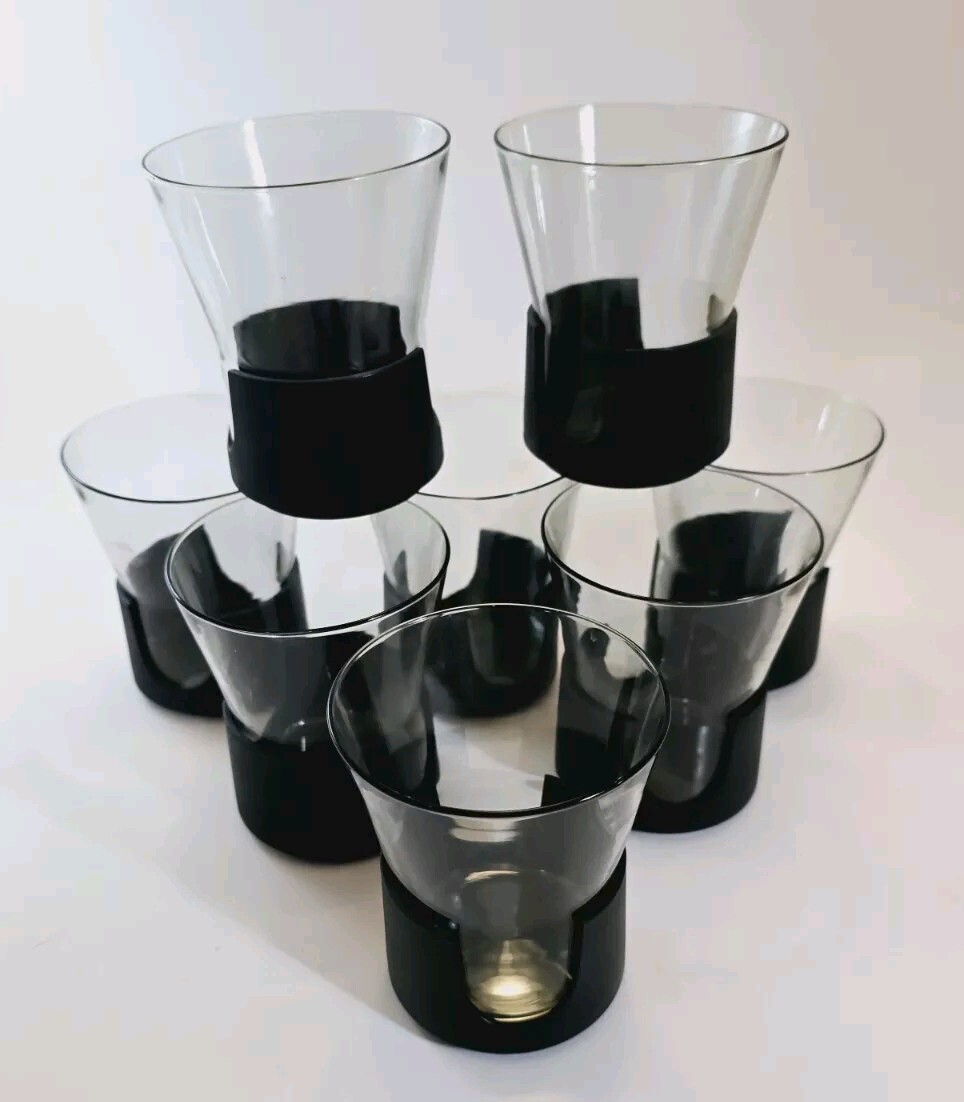 (8)Vtg Corning Glas-Snap Whiskey Black Base Atomic Mcm Mod Barware