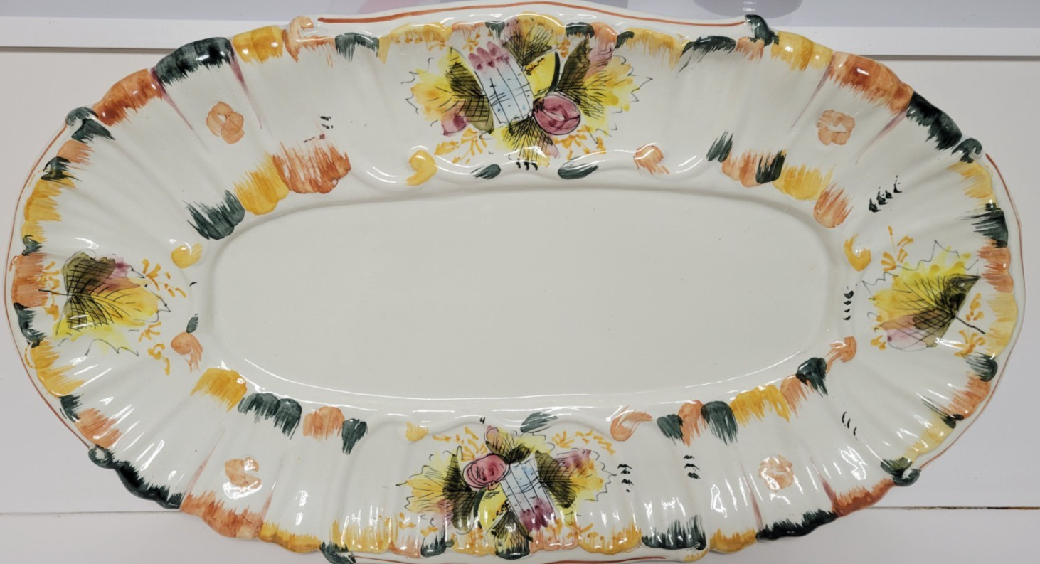 25 INCH BEIGE HANDPAINTED CERAMIC OVERSIZED OVAL SERVING PLATTER 7 POUNDS