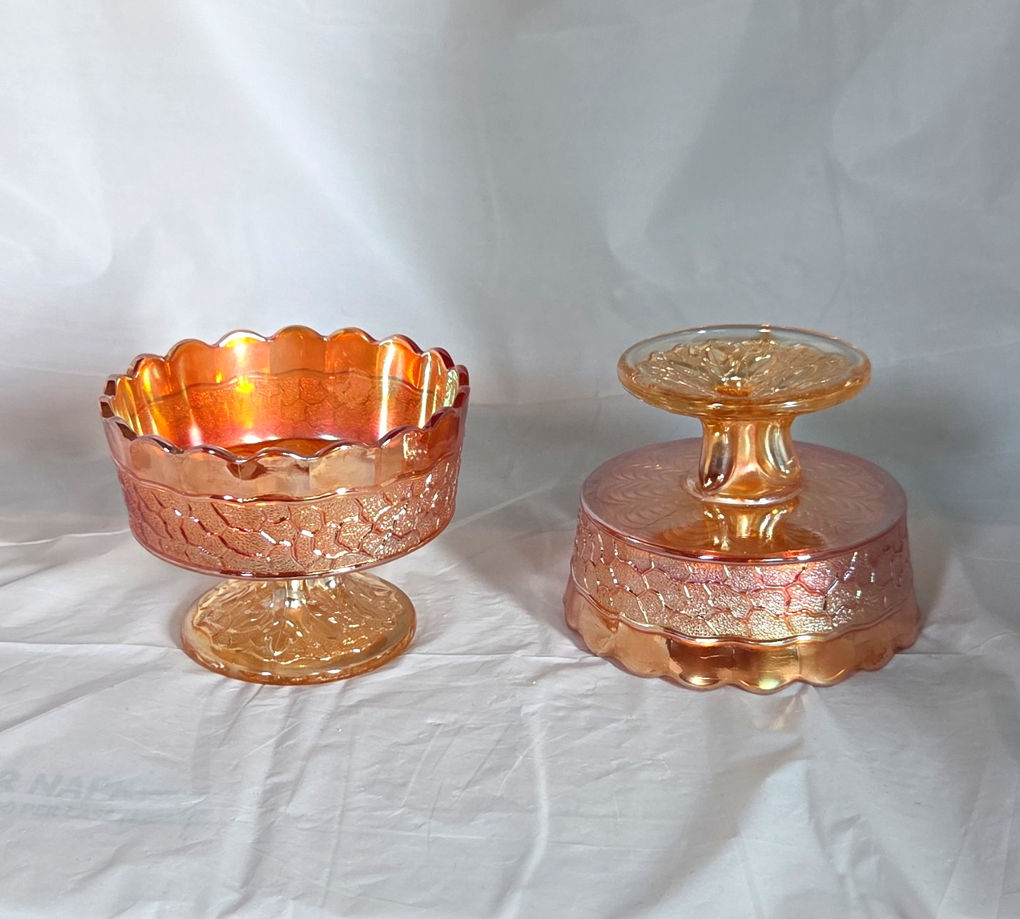 Marigold Iridescent Carnival Glass Floral Pedestal Compote Bowl Round