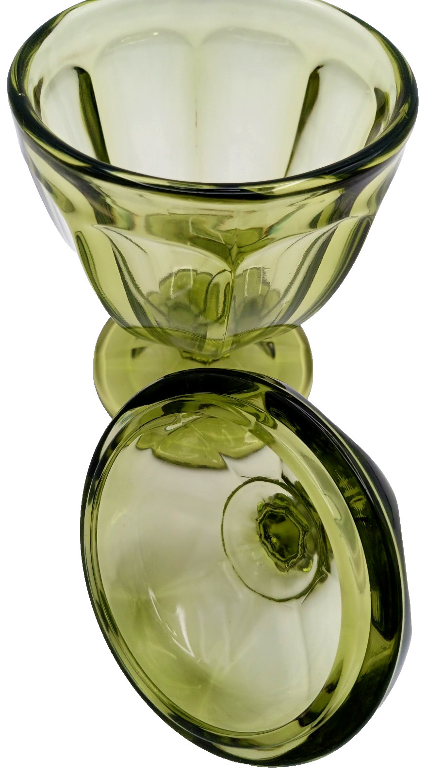 L E Smith? 7.8″ Paneled Olive Green Compote Candy Dish & Matching Lid w/Finial