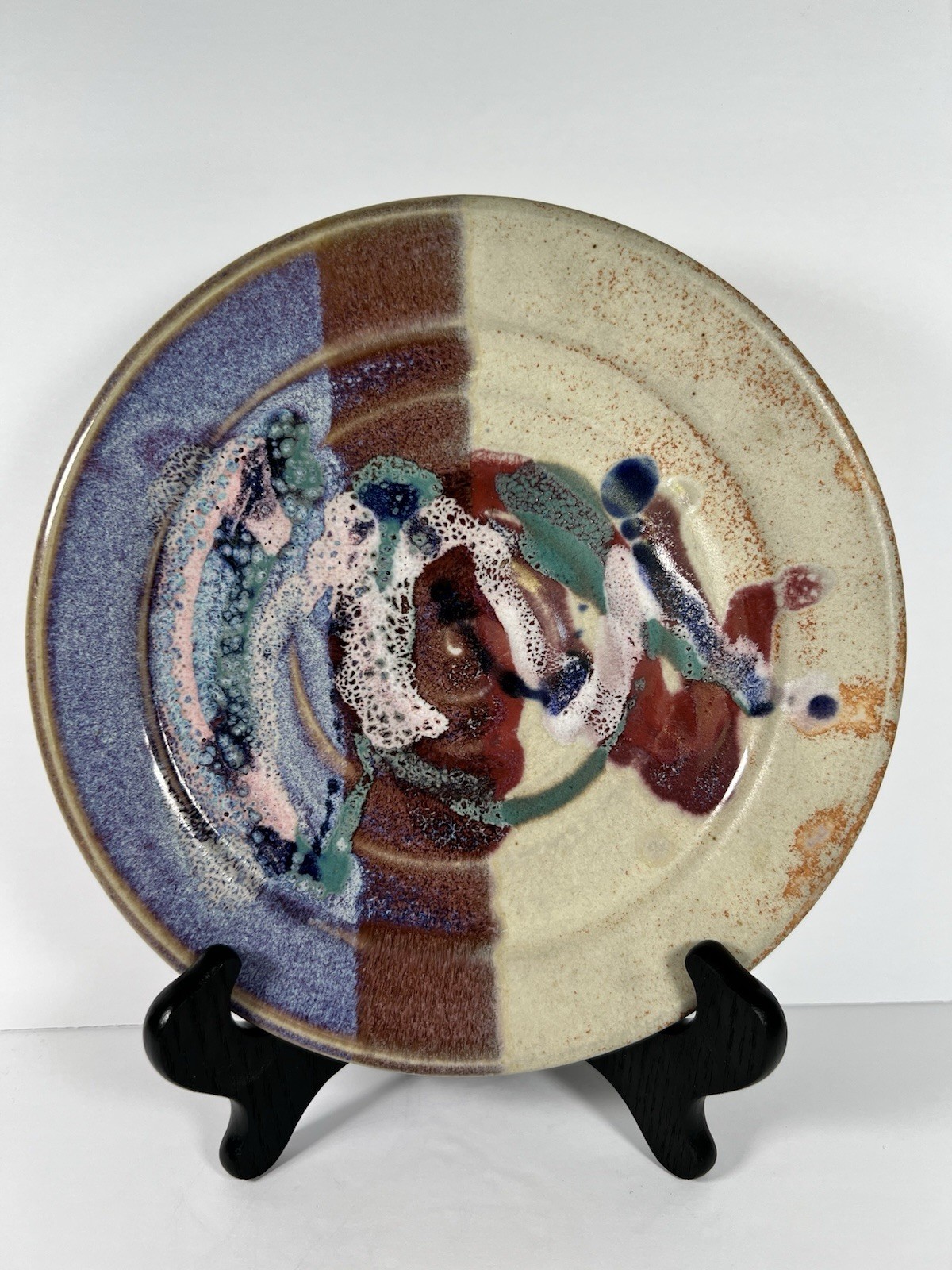 Bruce Larrabee Studio Pottery 9” Abstract Drip Glaze Signed Utah Art Plate