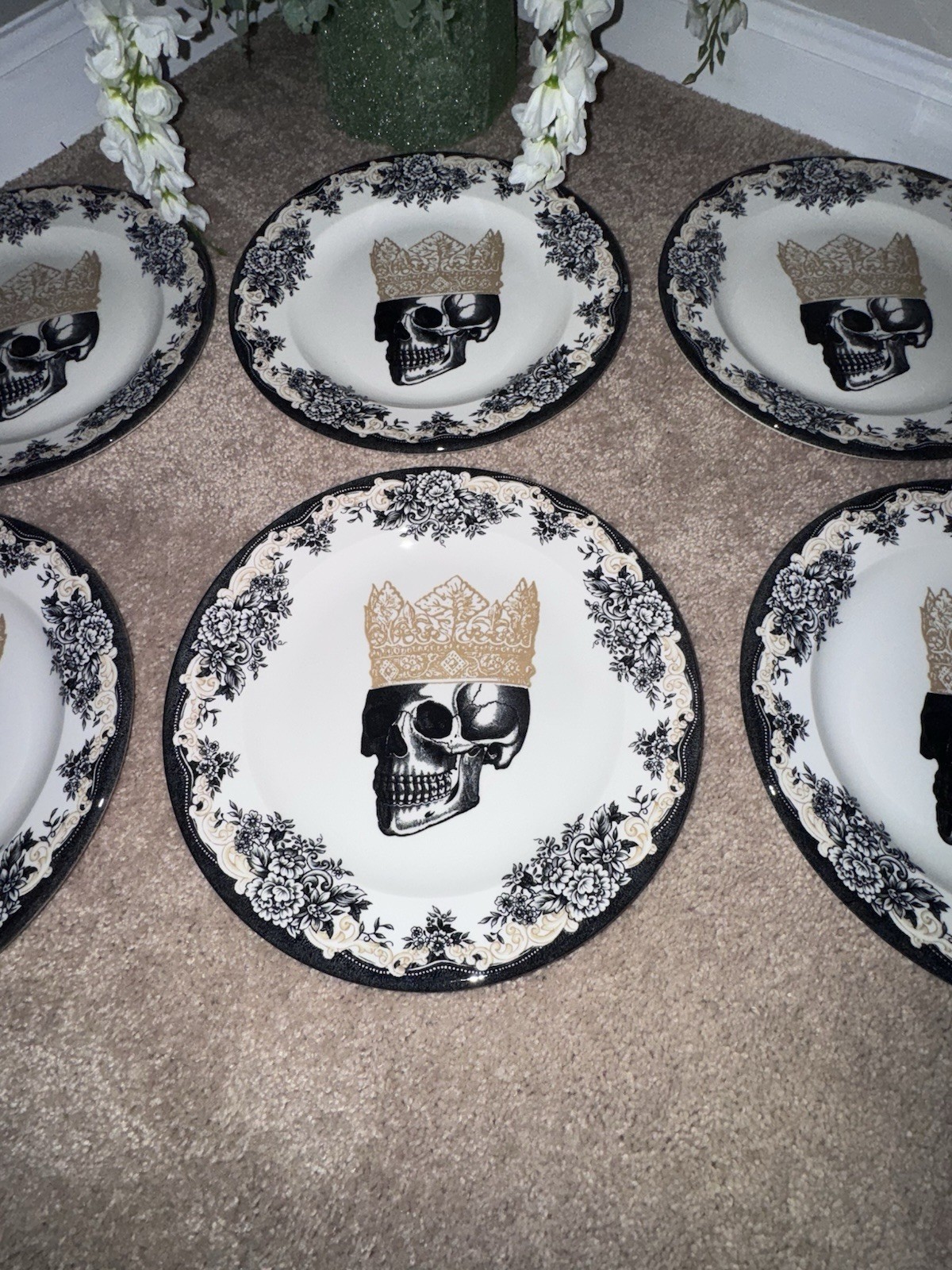 Set/6 Royal Stafford England Halloween Royal Skeleton W/ Crown 11″ Dinner Plates