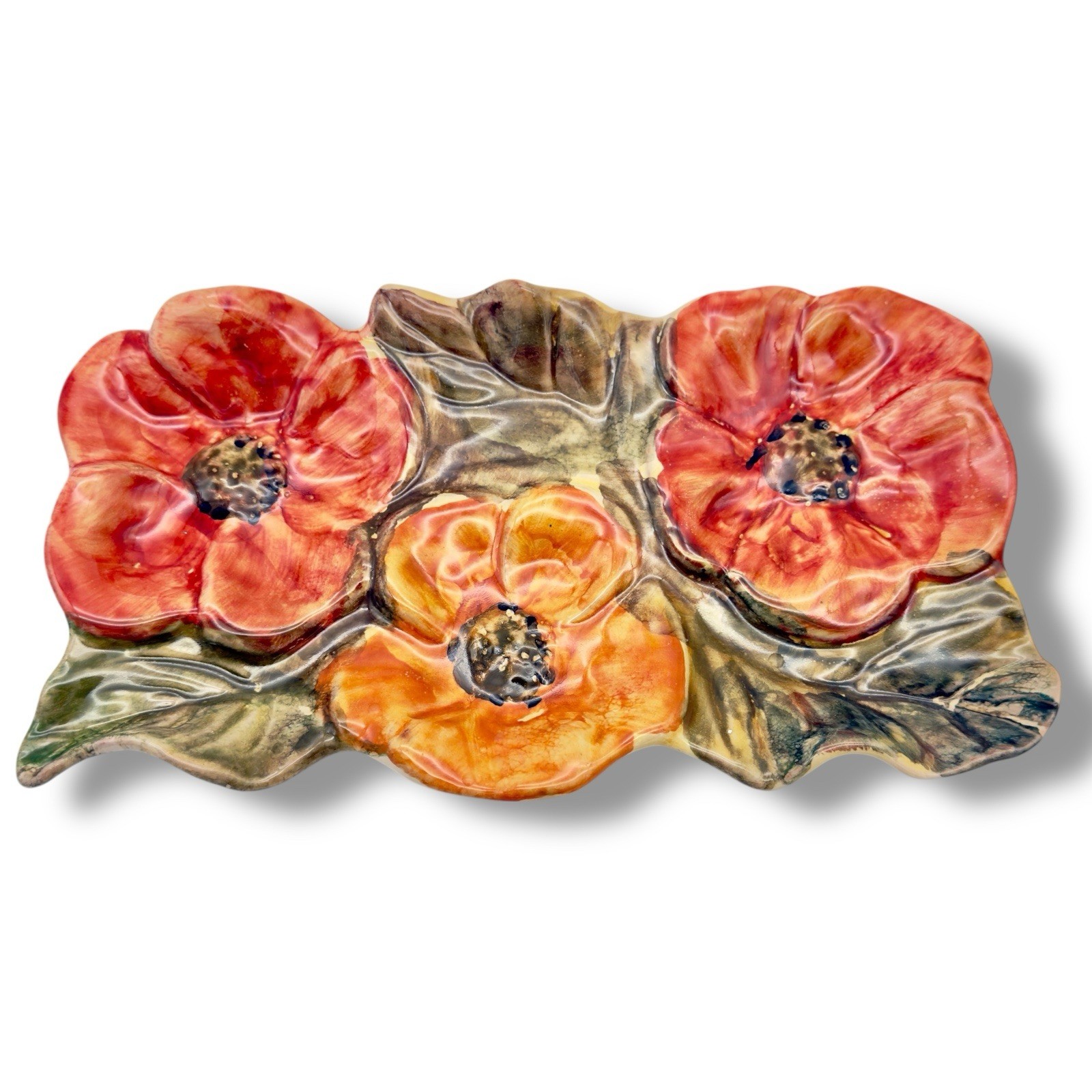 Vintage Italian Art Pottery Poppy Tray Textured Floral 3D Effect MCM Italy