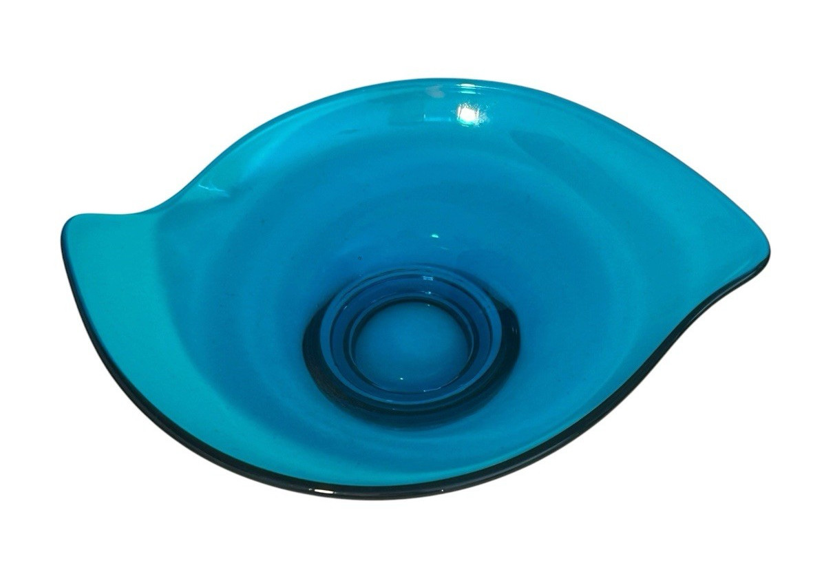 Viking Mid Century Modern Blue Blunique Epic Asymmetrical Glass Pedestal Bowl 8″
