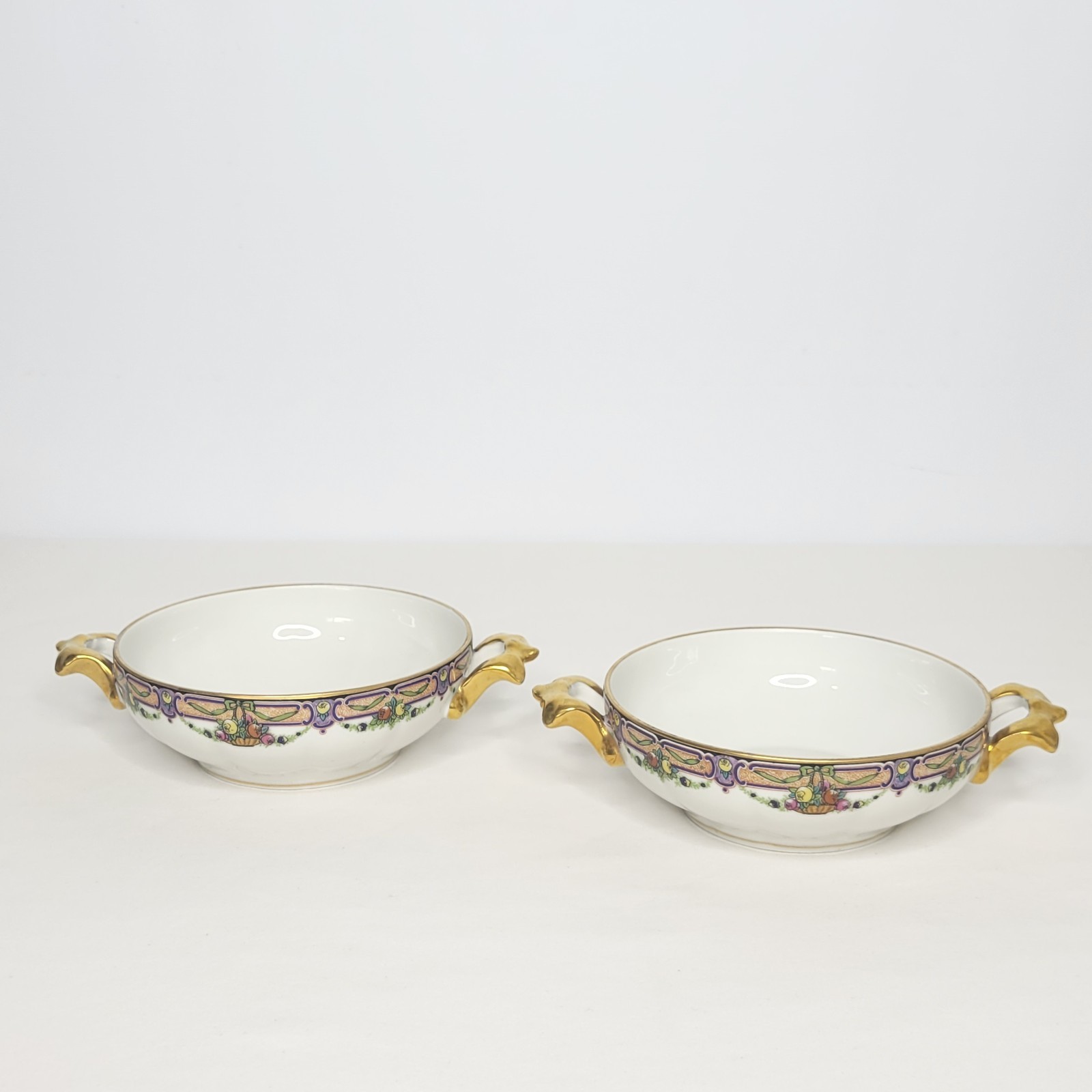 Set of 6 WG & Co Limoges France Floral Porcelain Cream Soup Bowls and Saucers