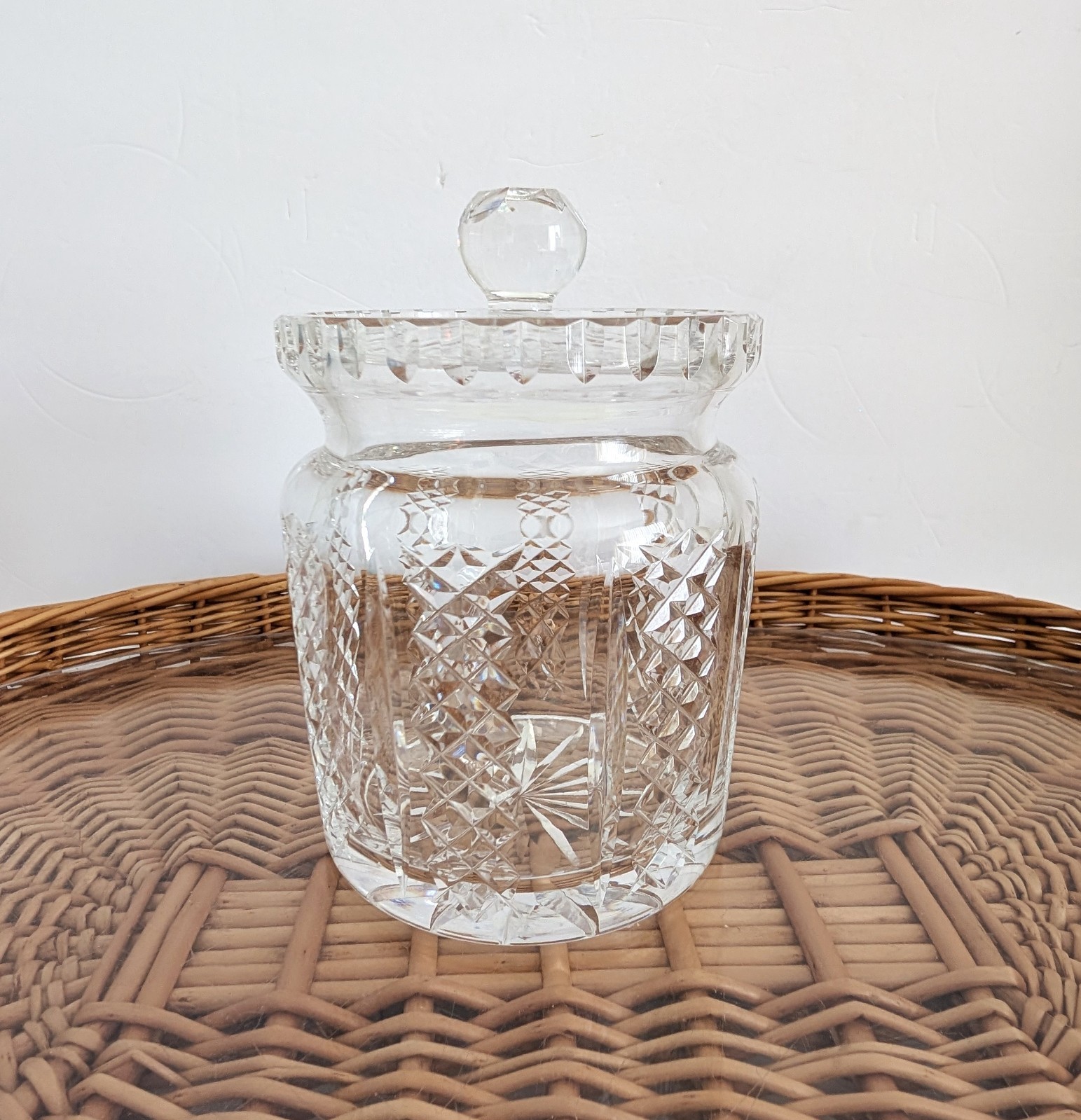 Waterford Crystal HIBERNIA Biscuit Barrel Jar w/Lid Diamond Cross-Cut Signed 7″