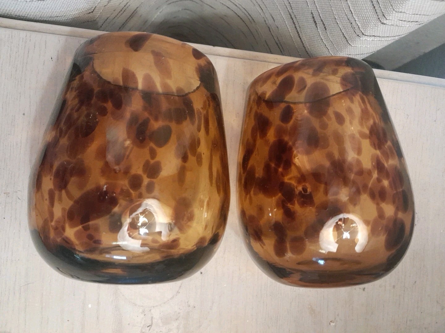 2 Vintage Hand Blown Tortoise-Shell Wine Glass Thick Glass 5 1/2 Inches Height