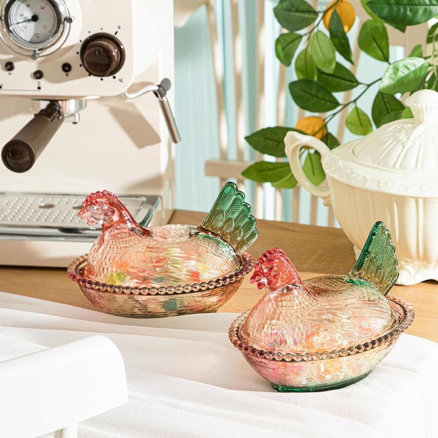 Vintage Style Glass Hen on Nest Candy Dish with Lid Crystal Pedestal Bowl Decor