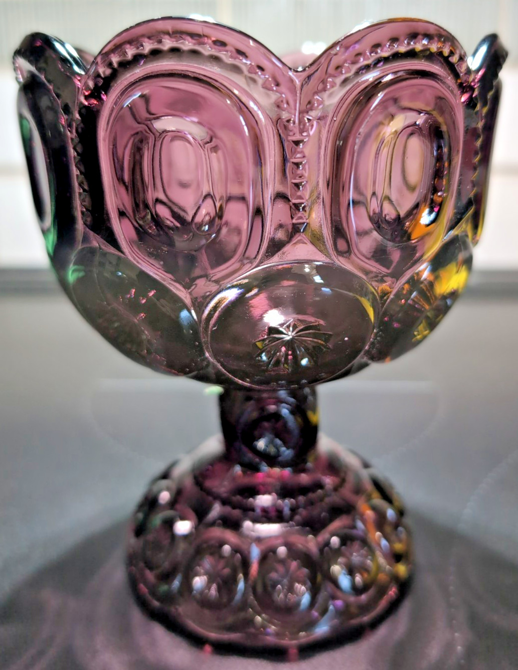 Vintage LE Smith Amethyst Glass Moon & Stars Lidded Compote/Candy Dish 8″