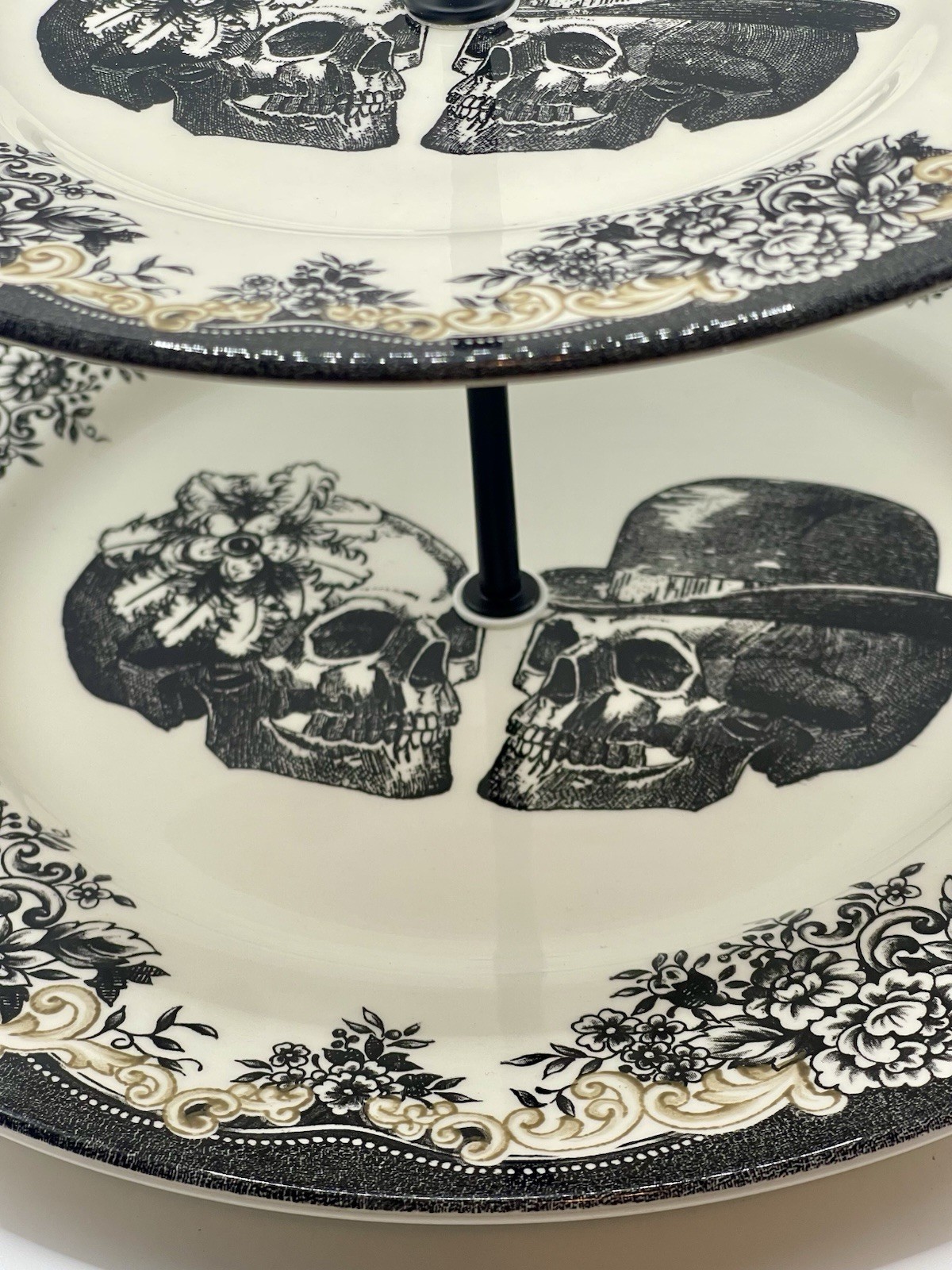 Royal Stafford Halloween Gothic Skull Couple 2 Tier Serving Tray Stand Handmade