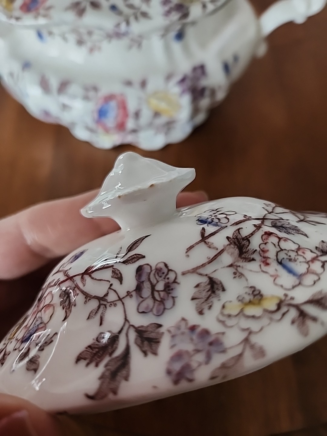19thc Antique Brown Transferware Polychrome Porcelain Teapot