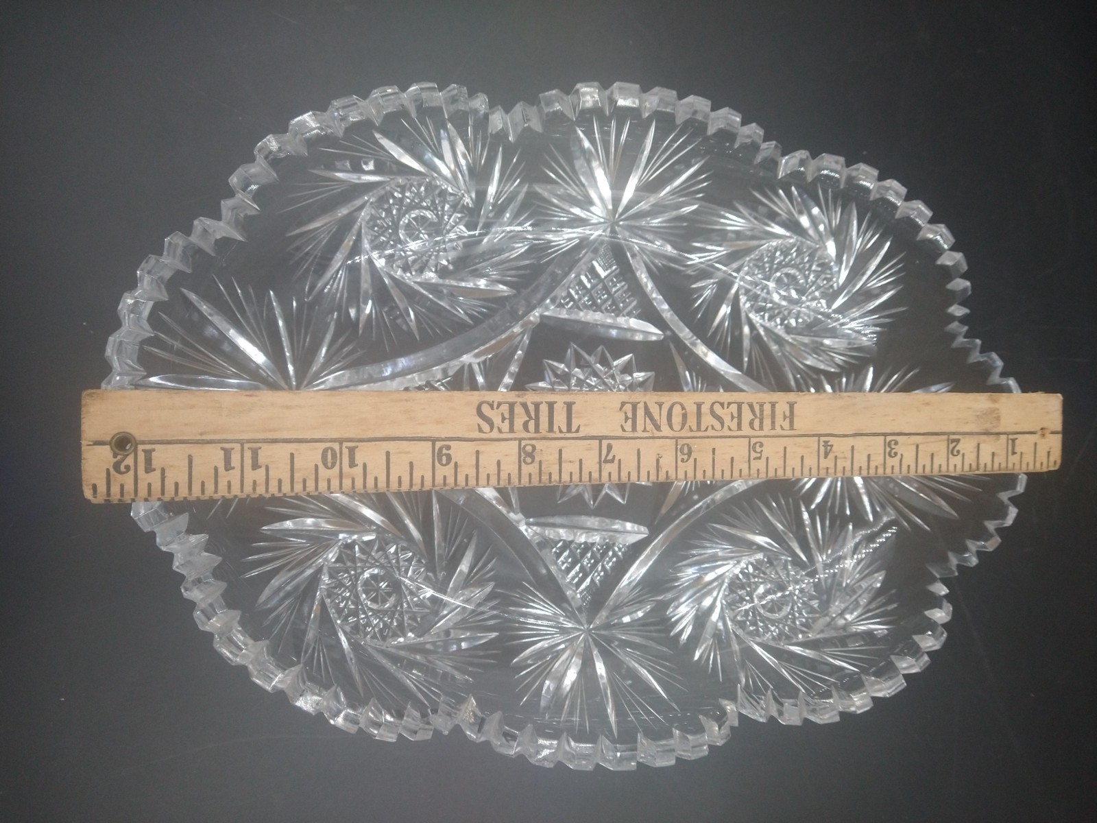 Antique American Brilliant ABP cut crystal Oval bowl Dish swirling star 12″