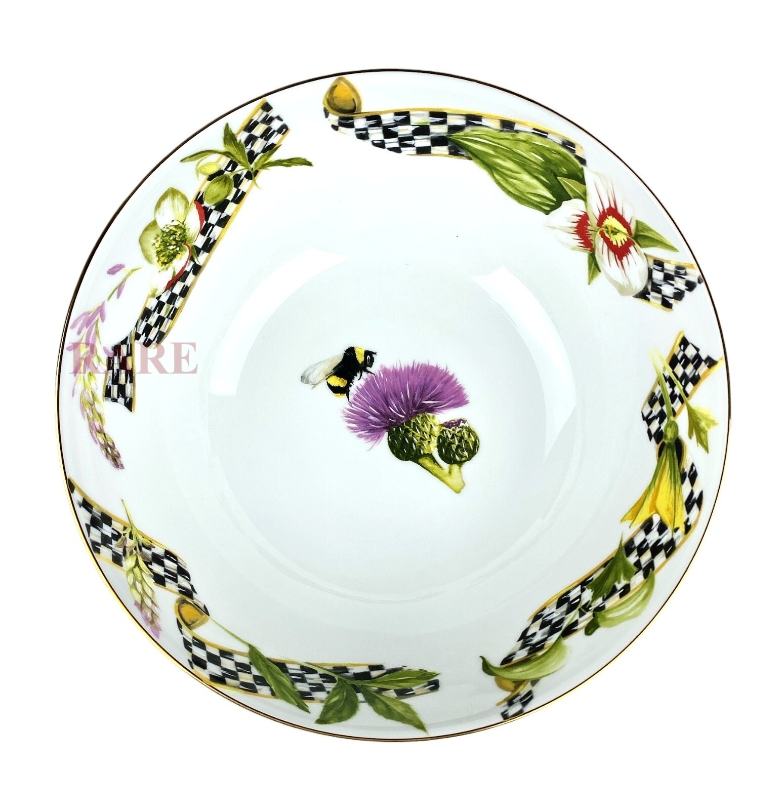 MacKenzie Childs Thistle & Bee Courtly Check 9″ x 4″ Serving Bowl New Portugal