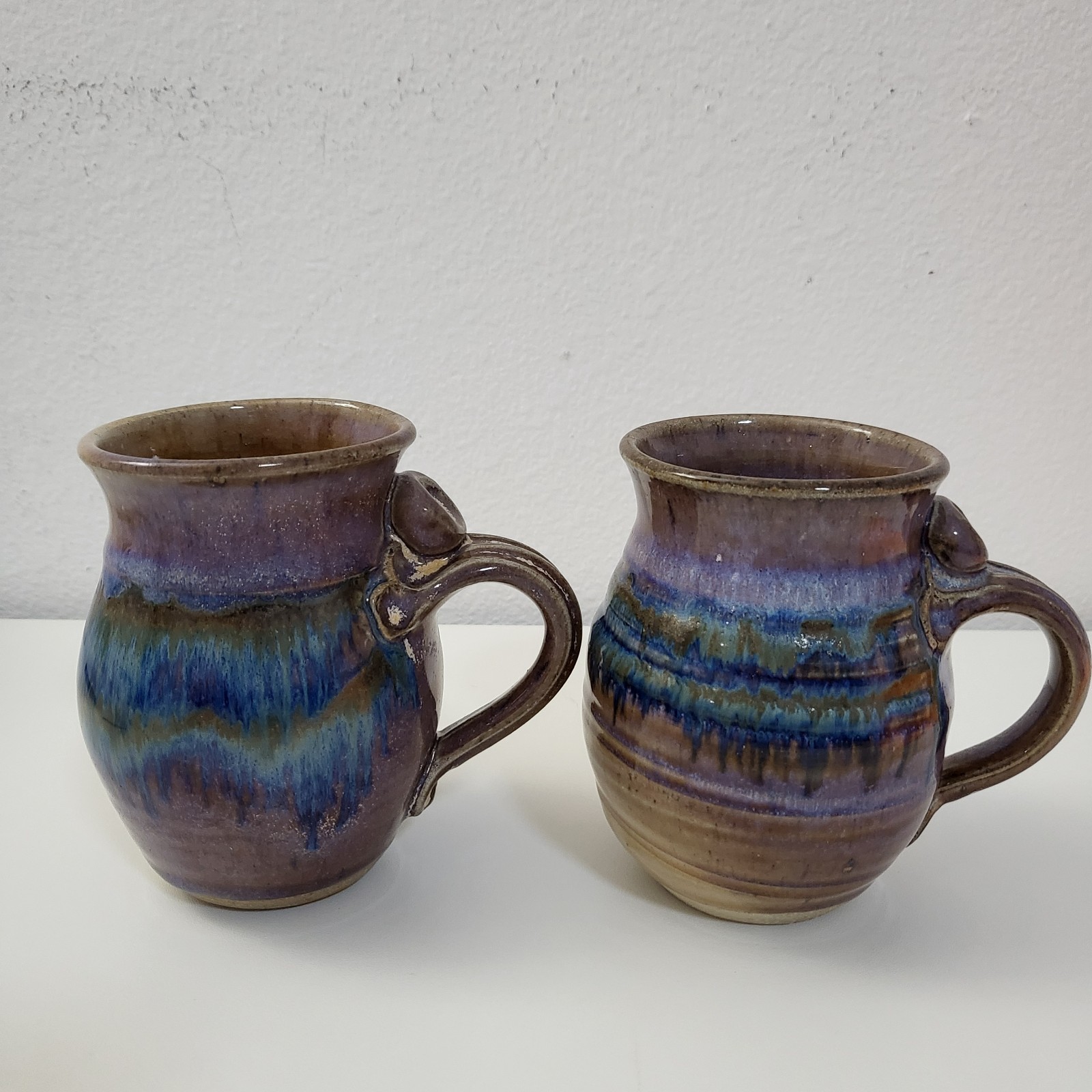 Set Of 2 Handcrafted Drip Glaze Studio Art Pottery Coffee Mugs Brown Blue Signed