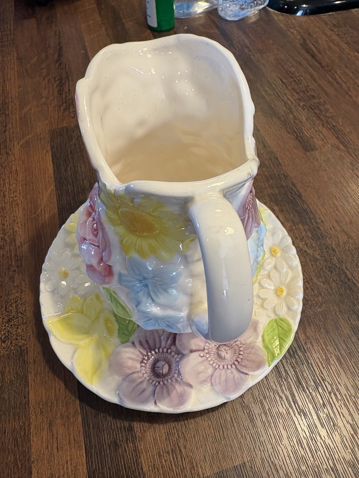 Vintage Relpo Spring Flowers Pitcher and Saucer 6453 Majolica Style Mini Pitcher
