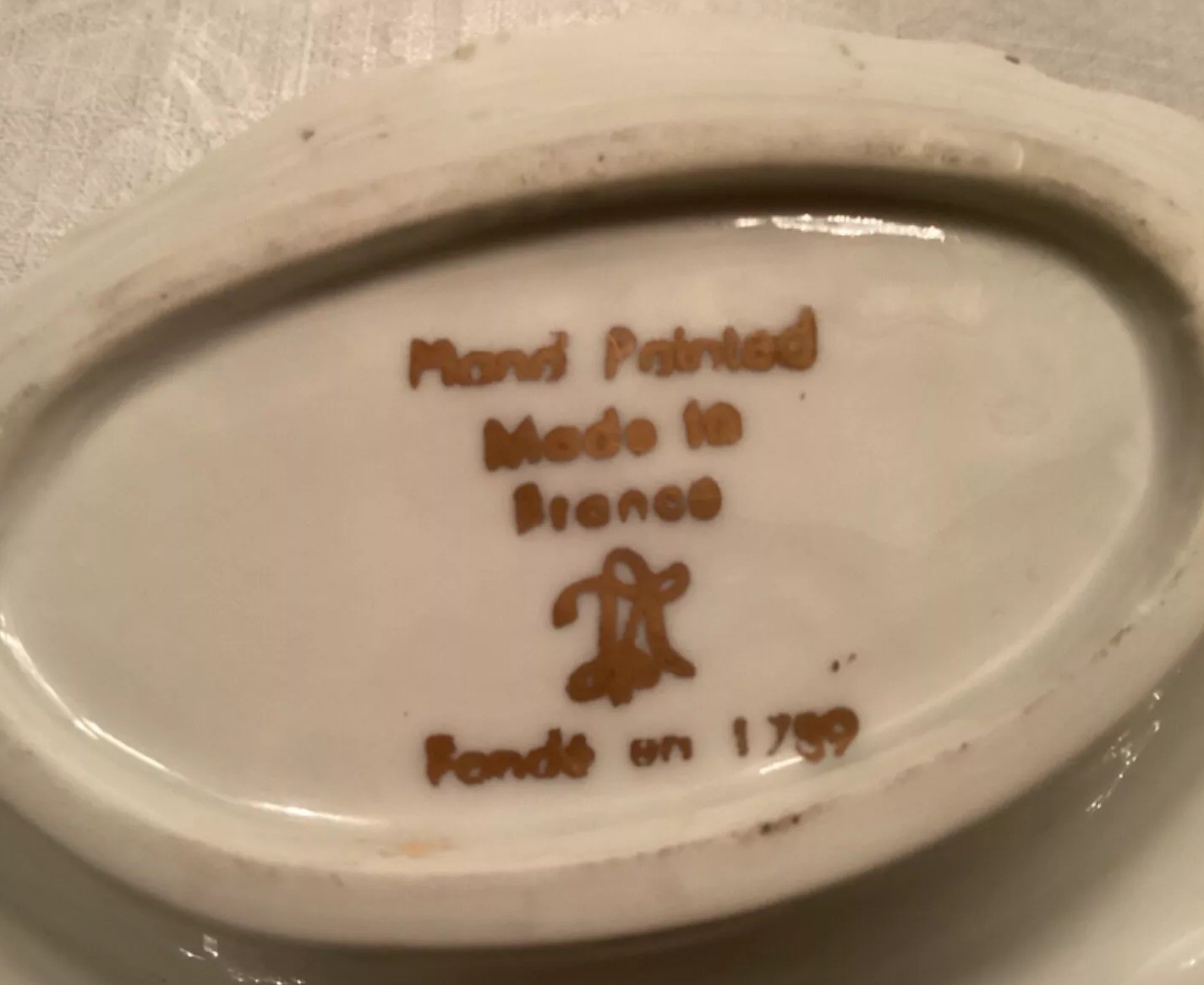 Vintage Fonde en 1789 Gold trim Porcelain Serving Dish Hand Painted in France