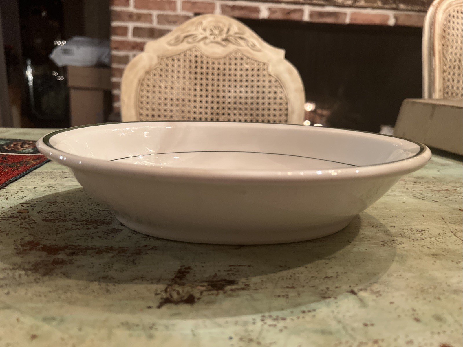 Victory China Restaurant Ware Serving Bowl Oval Green Stripe 7.25×10.5”