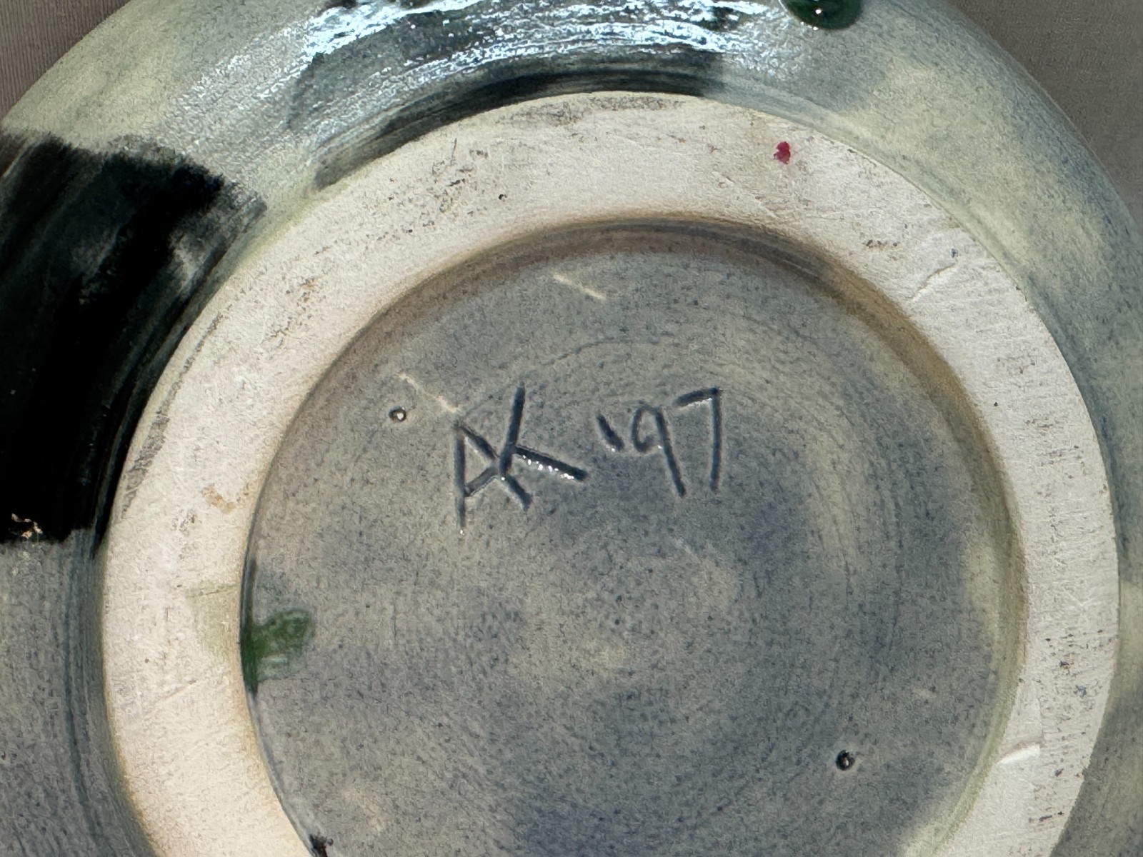 AK A.K. SIGNED ABSTRACT DRIP GLAZE STUDIO POTTERY BOWL HEAVY MATERIAL DATED 1997