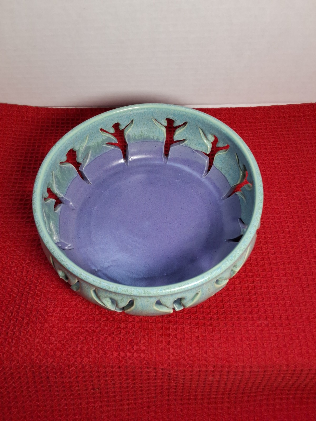 Handcrafted Studio Art Pottery Bowl Dancing Ballerina People Aqua & Purple
