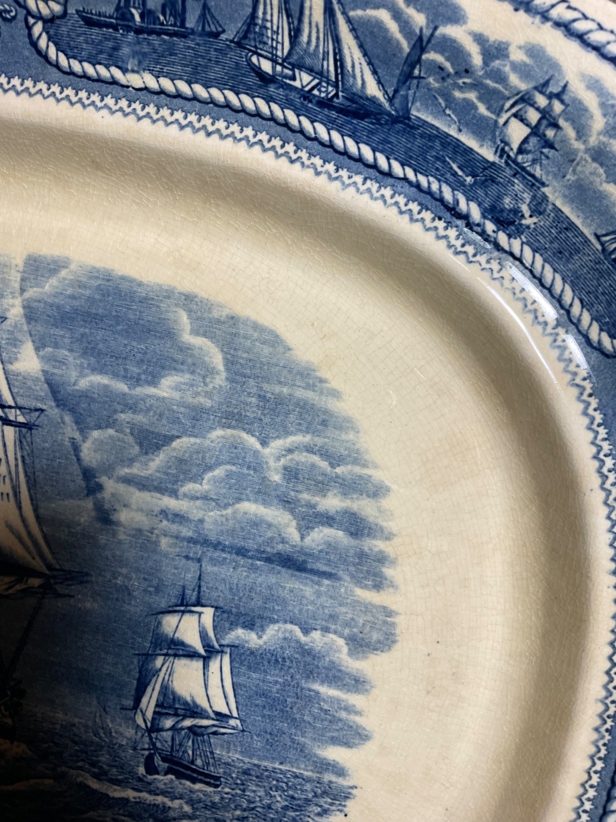 DEFECTIVE Antique Masons AMERICAN MARINE Ironstone Oval Blue 19 Platter G3D