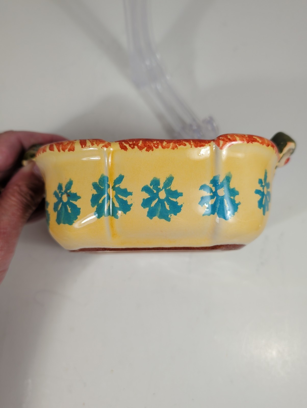 Italian Hand-Painted Vegetable Motif Two-Handled Ceramic Bowl Appx 5 In+7in Oven