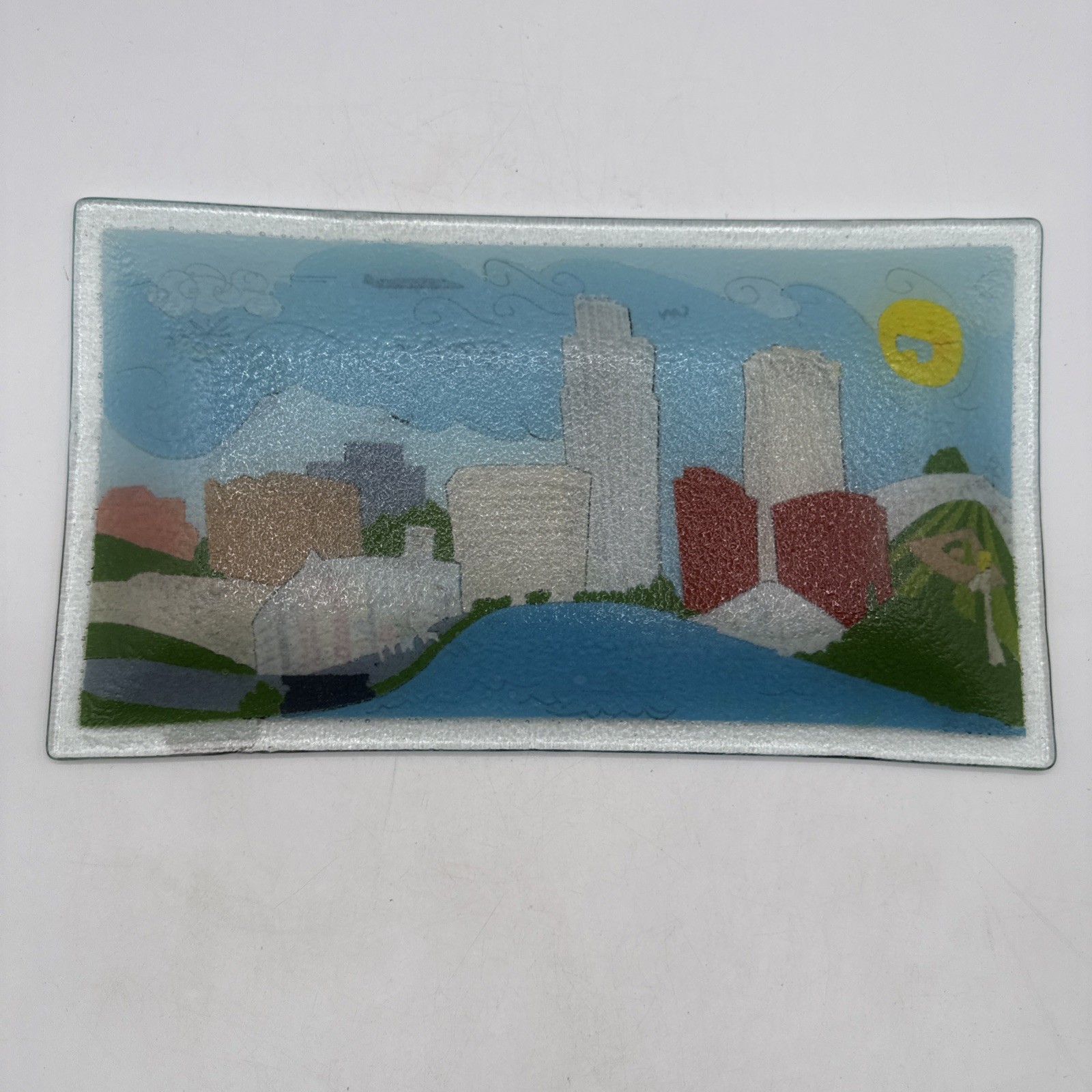 PEGGY KARR Famous Omaha, NE Sites Fused Glass Rectangle 14” Platter Nice