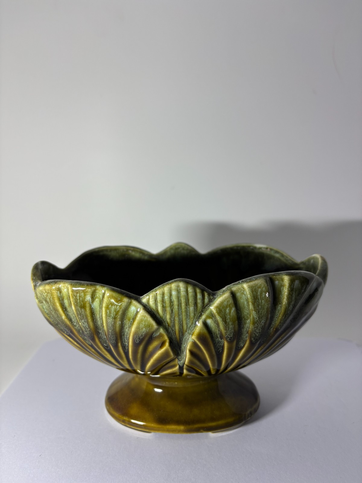 Vintage MCM Green Drip Glaze Footed Compote Bowl – Scalloped Leaf Design