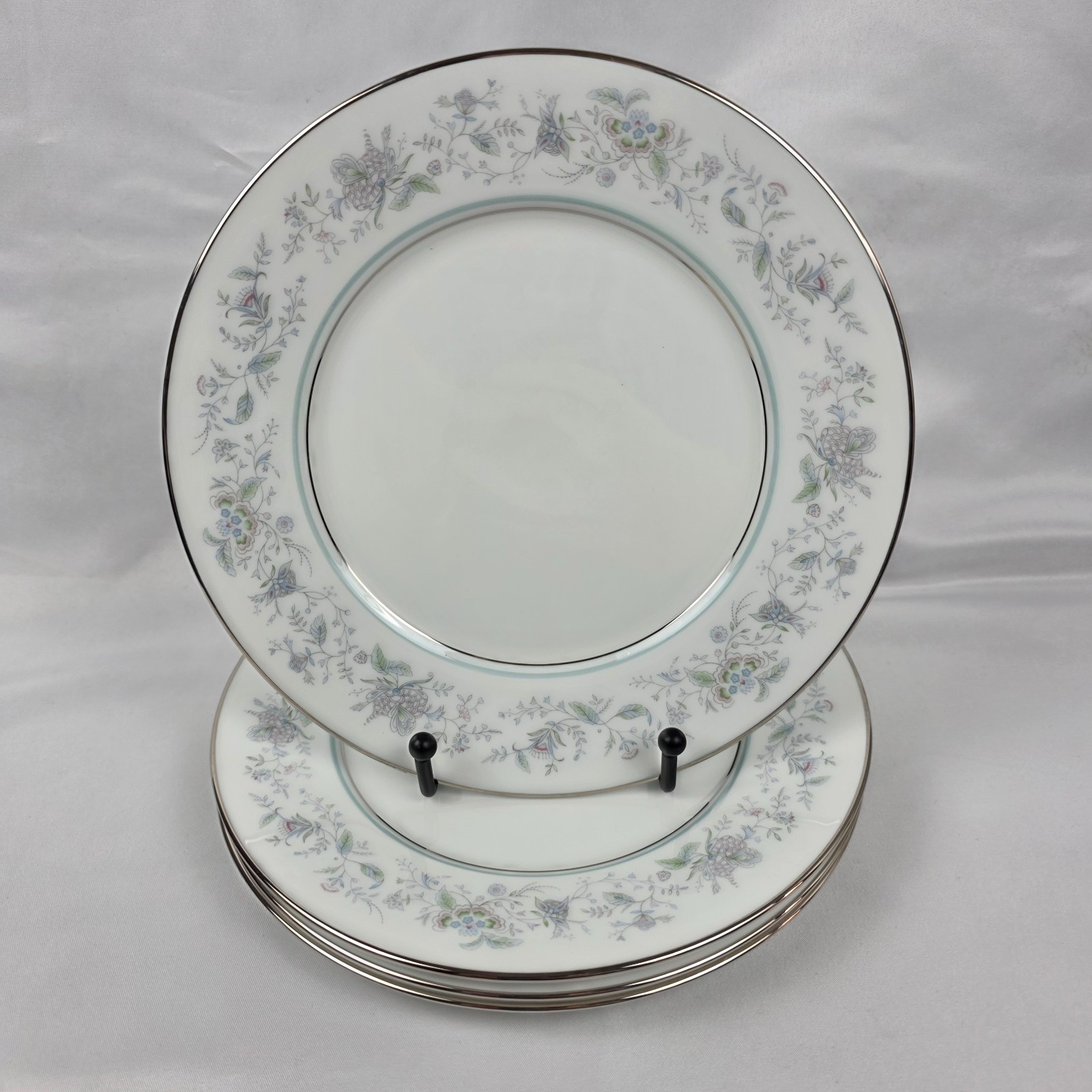 FOUR Oxford China Spring Salad Plate Multicolor Floral Rim Aqua Band