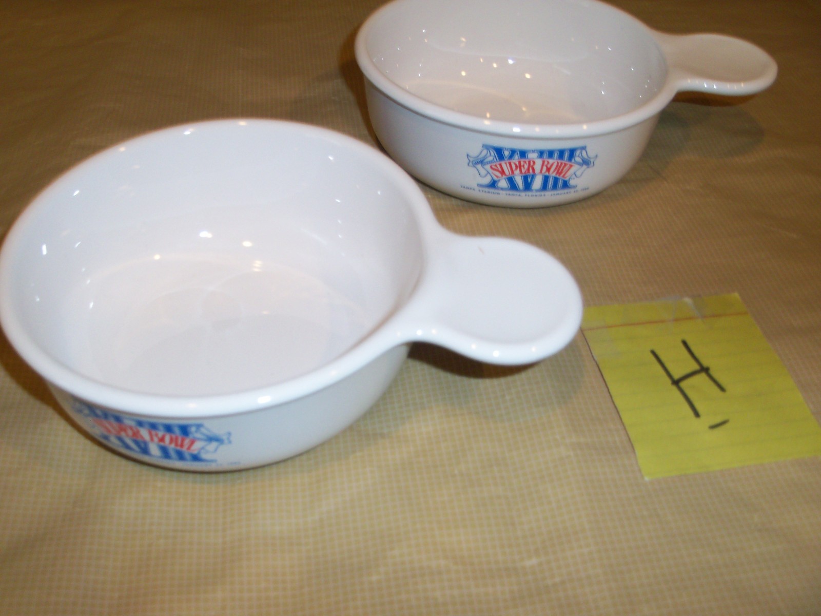 2 CORNING WARE SUPERBOWL GRAB IT BOWLS P-150-B W/ HANDLE 15 OZ. TAMPA 1984 XVII